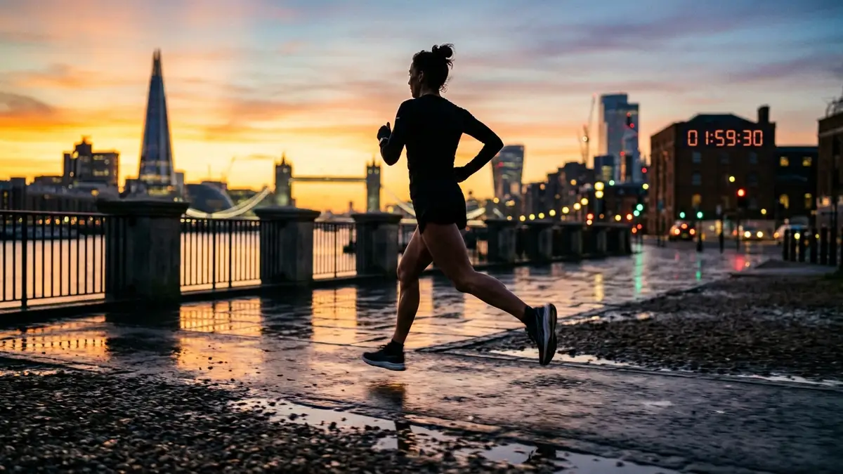 Silhouette of a runner against a blurred London cityscape at dawn, digital clock in distance.