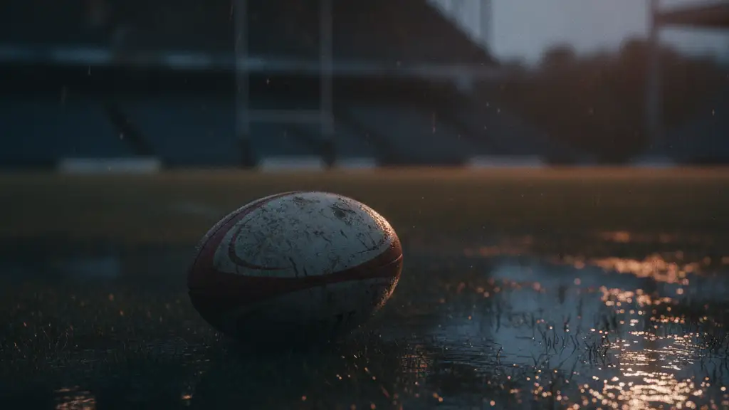 A lone rugby ball on a wet, empty pitch under dramatic stadium lights at dusk.