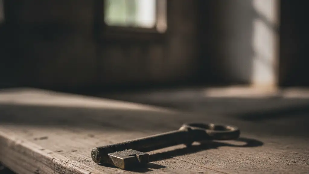 A tarnished brass key on a worn wooden surface, suggesting neglect.