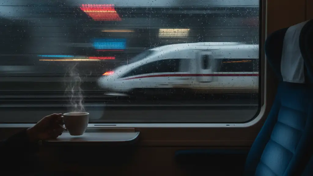 High-speed train blurring past a rain-streaked window at night.