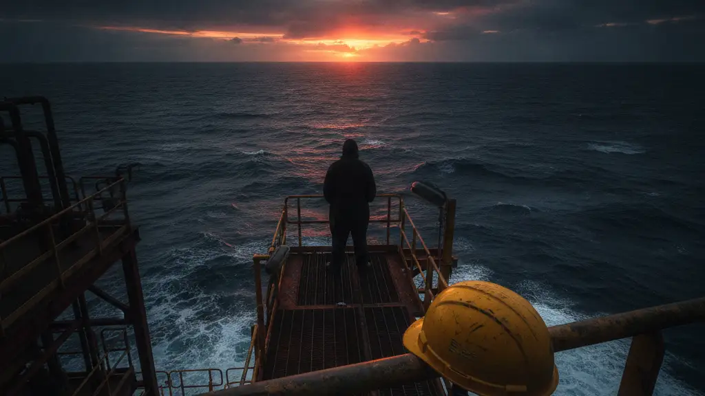 Silhouetted figure on a North Sea oil rig platform at dawn, looking at the ocean.
