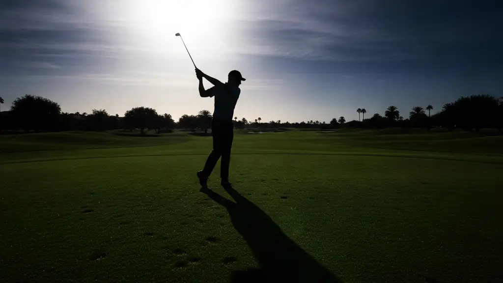 Silhouette of a golfer mid-swing against a bright flash on an empty course.
