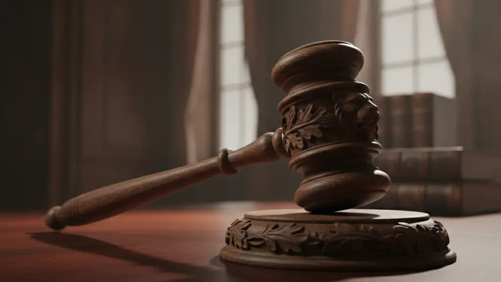 Heavy wooden gavel on a dark mahogany desk, dramatic shadows.