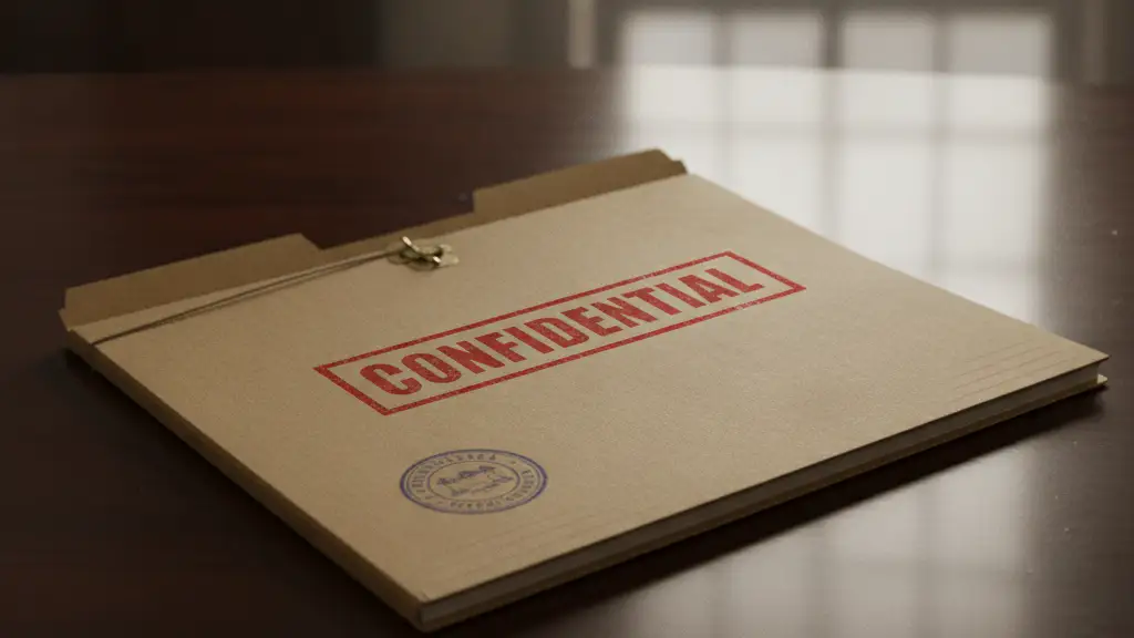 Closed manila file folder stamped 'CONFIDENTIAL' on a dark wood desk.