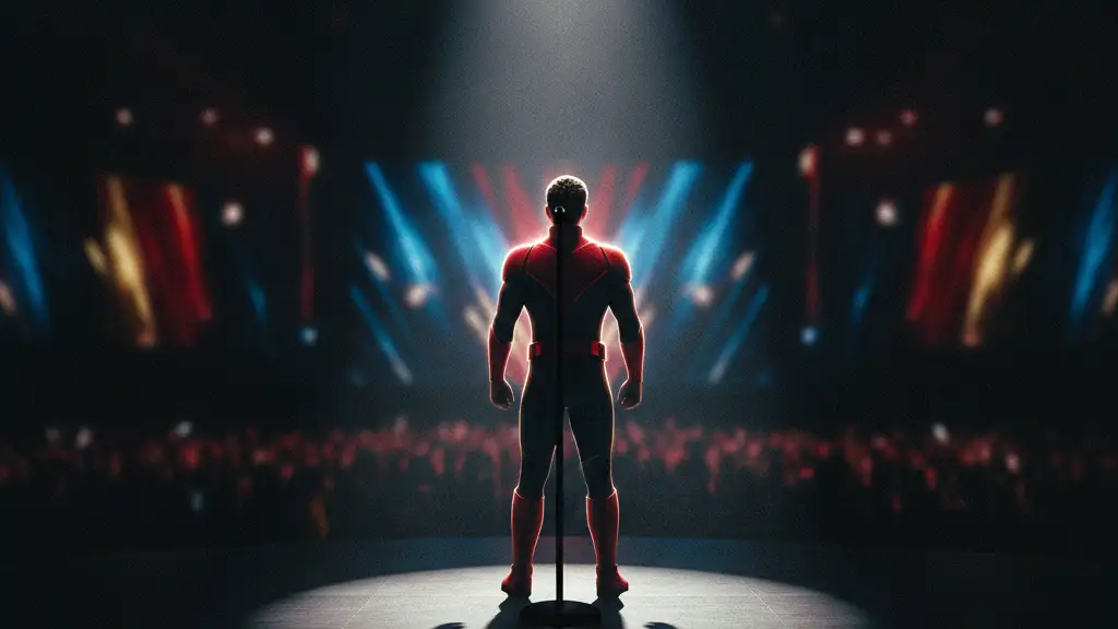A blurred figure in a red and black superhero suit on a brightly lit stage.