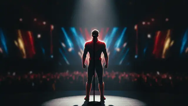 A blurred figure in a red and black superhero suit on a brightly lit stage.
