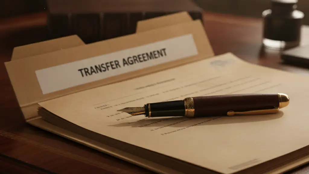 Close-up of a 'TRANSFER AGREEMENT' file folder with a fountain pen.