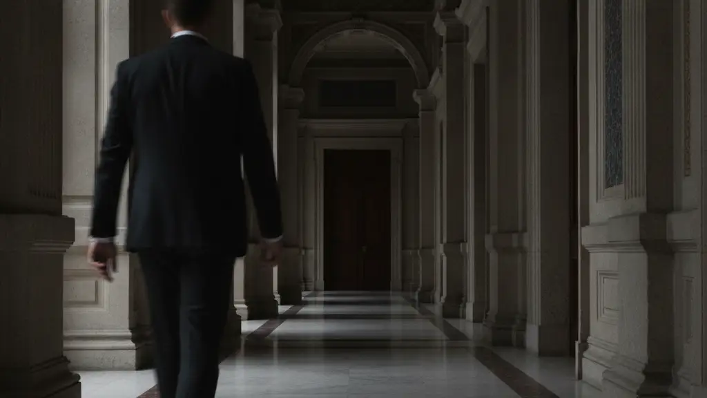 Silhouette of a person in a suit walking down a grand, ornate corridor.