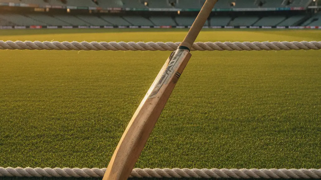 Cricket bat and ball on a green field, stadium seating blurred in background.