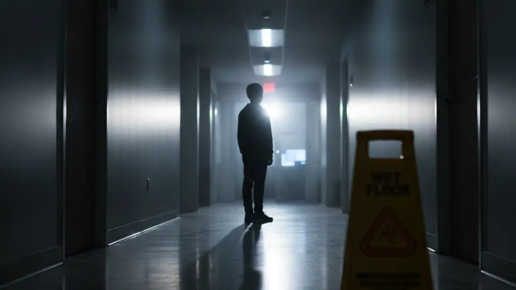 Silhouetted young person in a dim office hallway, looking towards an exit sign.