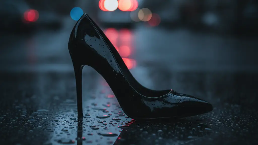 A high-heeled shoe on a reflective surface with blurred city lights.