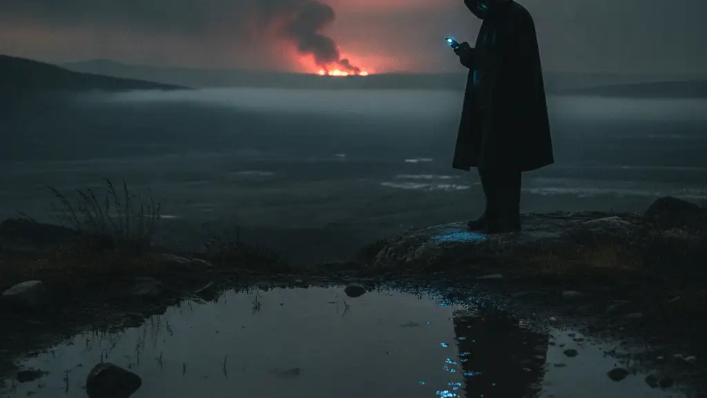 Silhouetted figure on ridge holding glowing phone, distant wildfire haze, emergency lights.