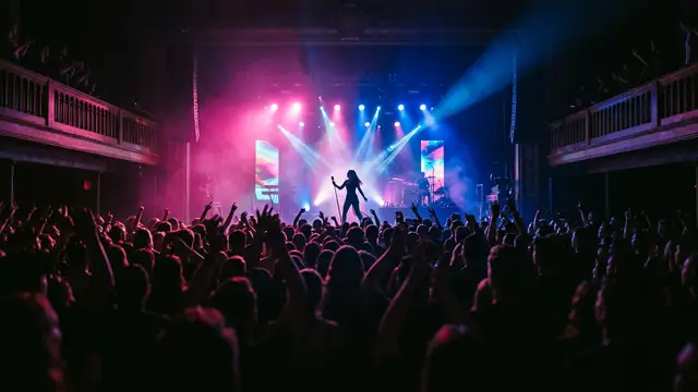 A silhouette of a singer on a brightly lit stage performing for a crowded venue.