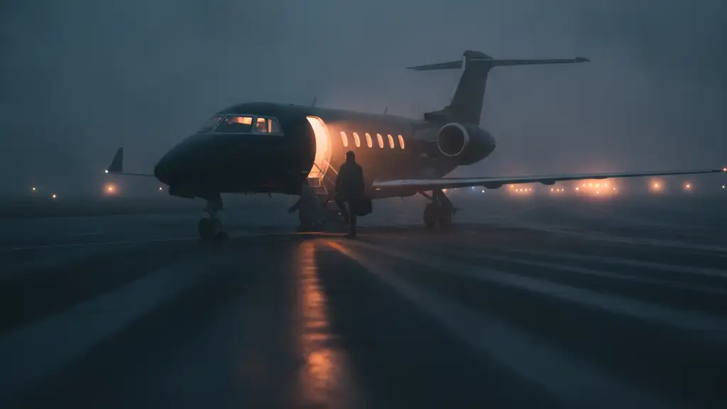 Silhouetted figure with briefcase descending stairs of a private jet in heavy fog.