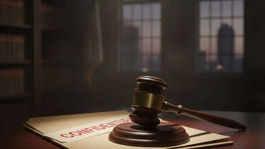 A wooden gavel and a 'CONFIDENTIAL' file on a desk.