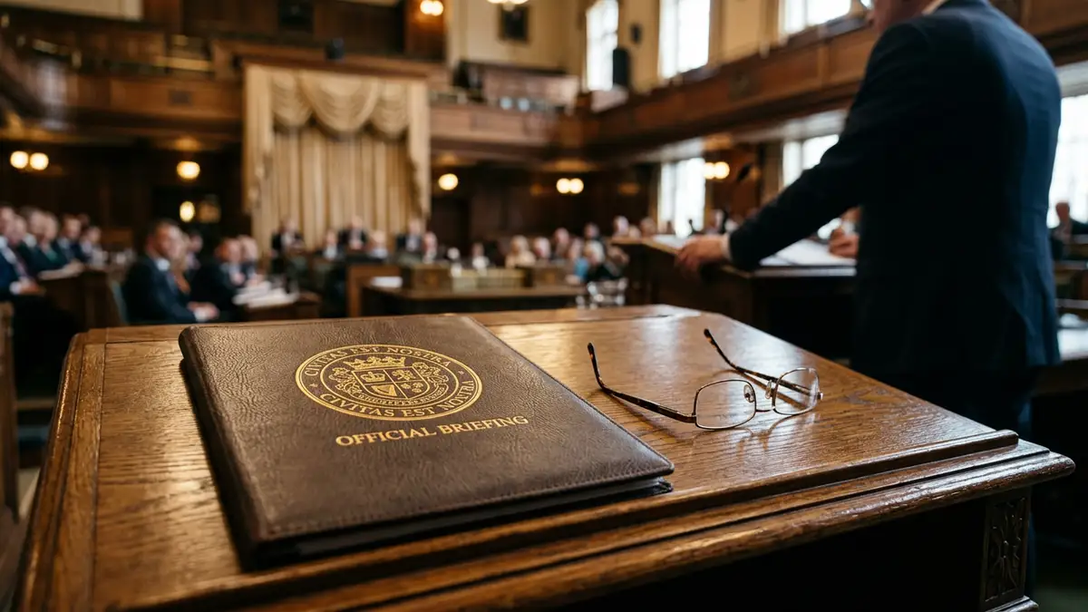 A close-up of a wooden podium and official briefing folder in a government chamber.