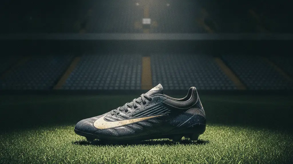 A single football boot on an empty, spotlighted pitch, symbolizing transfer speculation.
