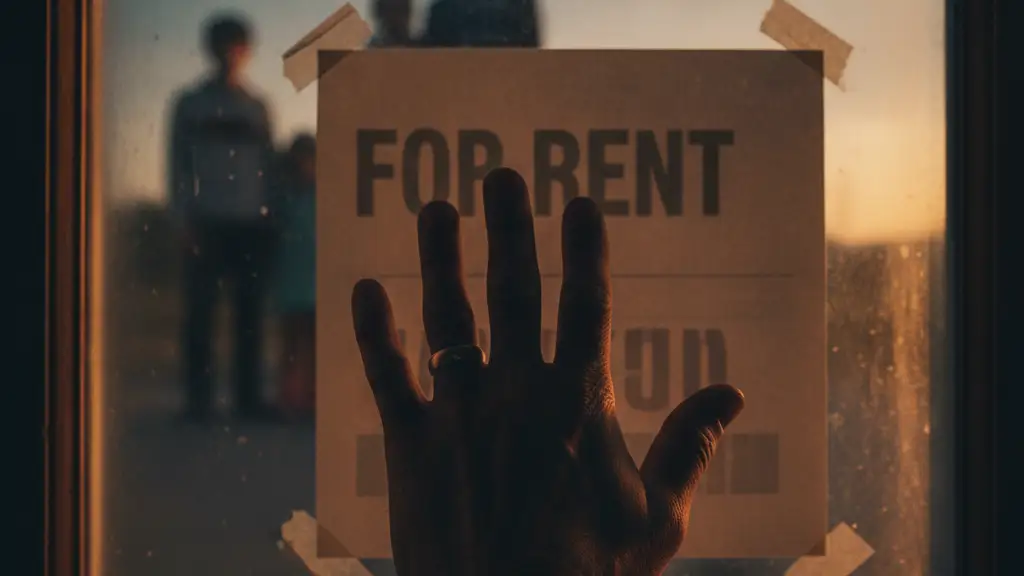 A weathered hand with a wedding band touches a 'FOR RENT' sign.