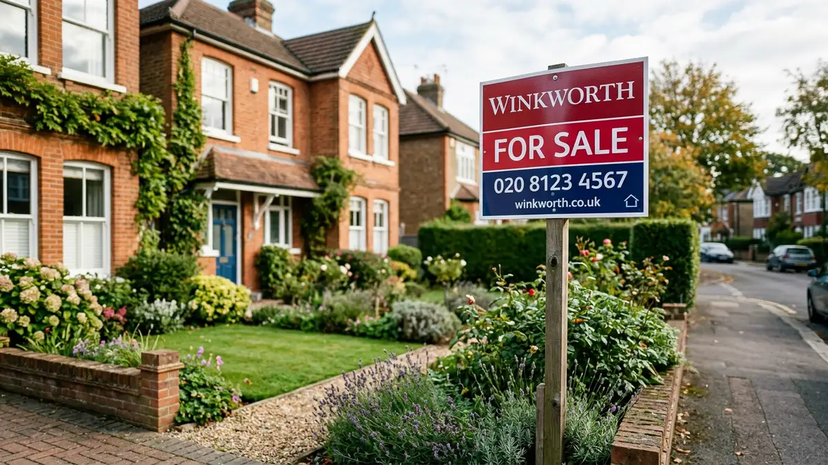 A 'For Sale' sign in front of a brick house on a residential street.