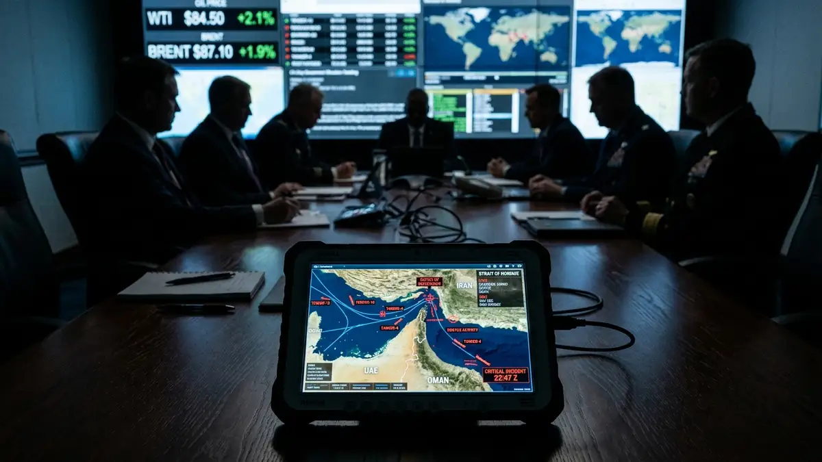 A digital map of the Strait of Hormuz on a tablet in a dark briefing room.
