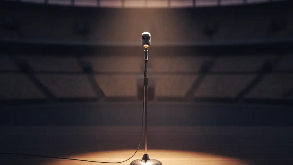 A single microphone stand under a spotlight on an empty stadium stage.