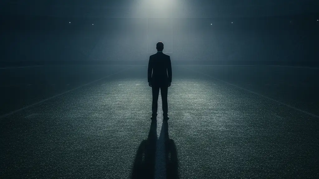 Silhouetted figure of a football manager on an empty pitch at dawn.