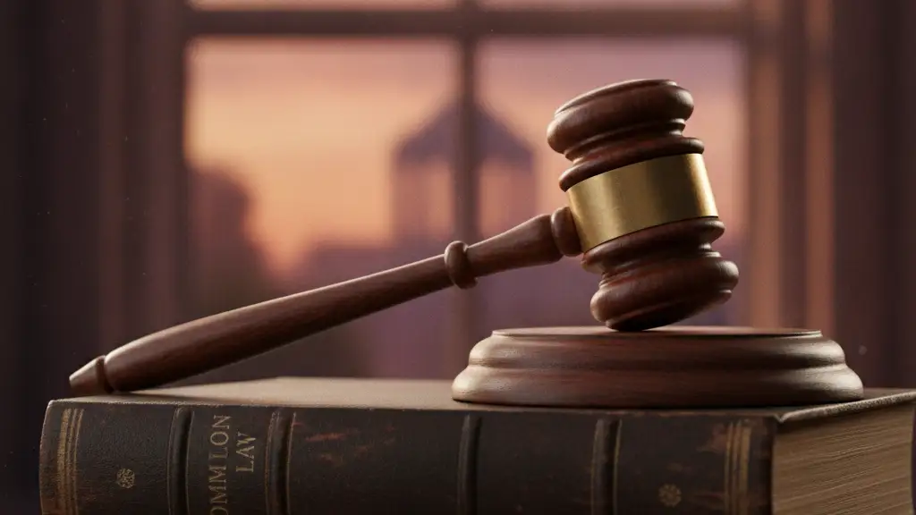 A wooden gavel rests on old law books, courthouse window blurred in background.