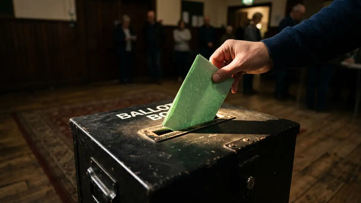 A green ballot paper being inserted into a black ballot box in a dimly lit room.