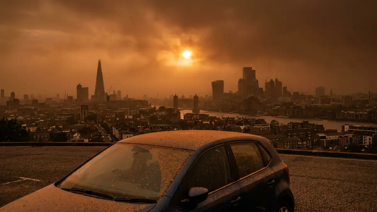 A hazy orange sunset over a city with dust particles visible on a car surface.
