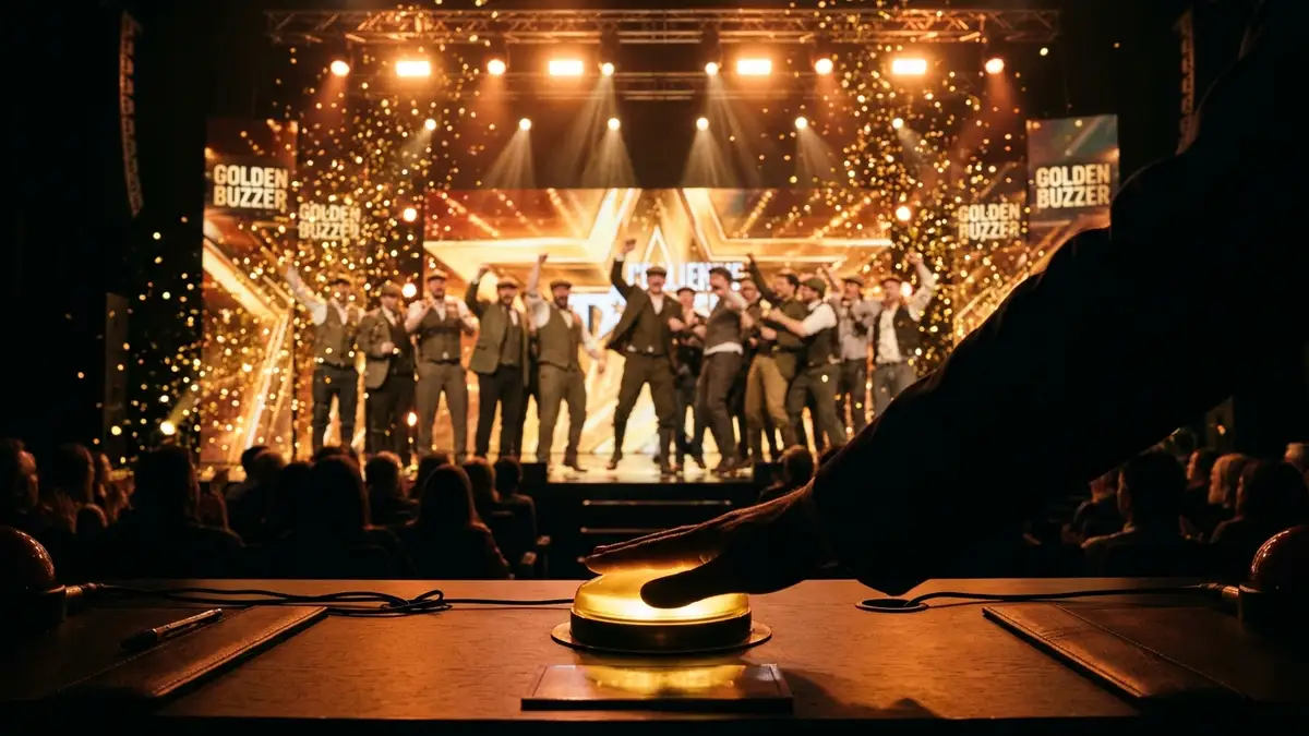 A hand presses a glowing golden buzzer as confetti falls over a choir on stage.