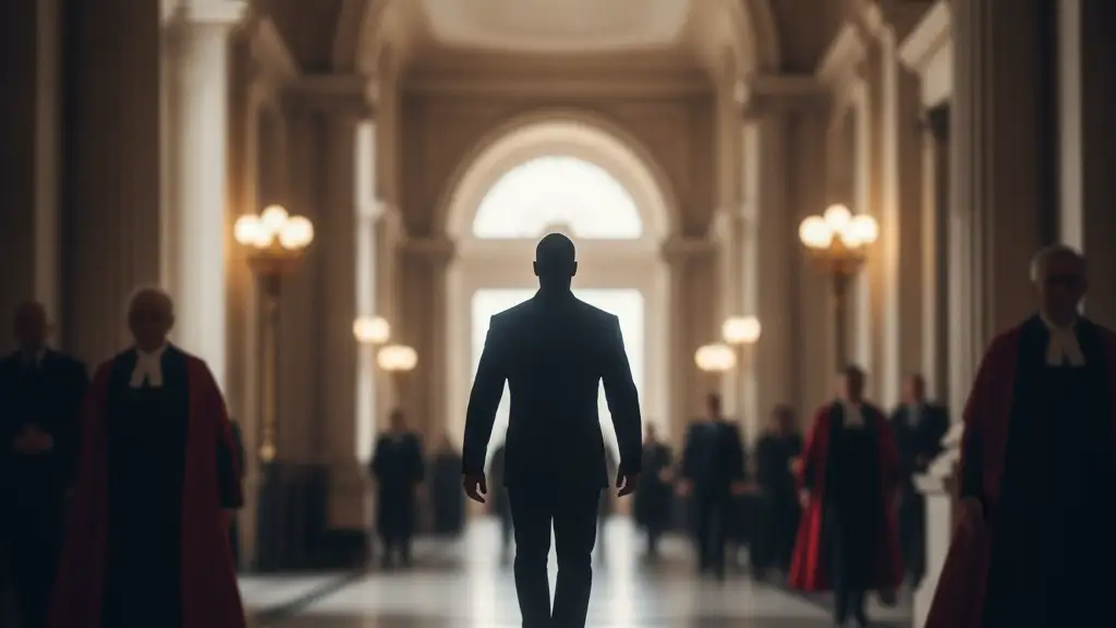 Silhouetted figure walking down a parliamentary corridor towards a bright archway.