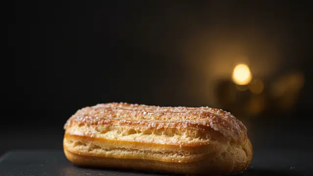 A single, perfect éclair on a dark surface, with dramatic lighting.