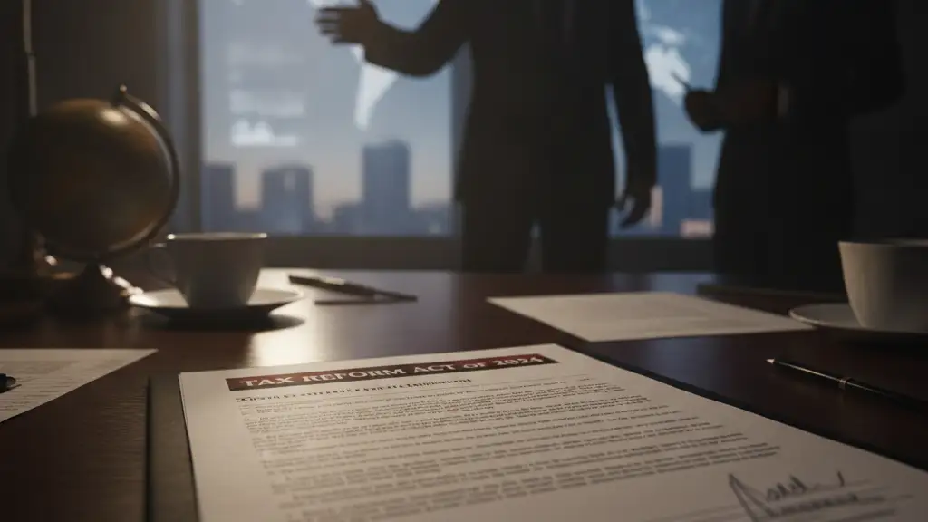 Official document labeled 'TAX' on a dark desk, blurred figure in background.