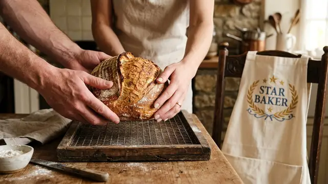 Two pairs of hands, male and female, placing a baked loaf on a cooling rack.