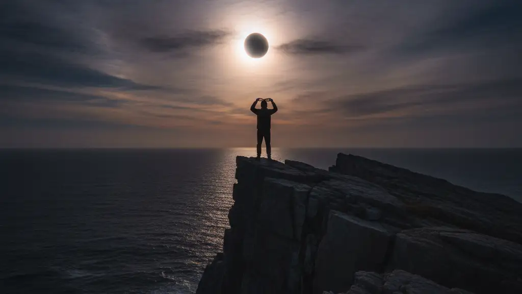 Silhouetted figure on cliff holding eclipse glasses towards a partially obscured sun.