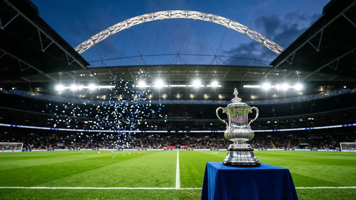 A silver trophy on a pitch at Wembley Stadium with blue confetti falling in the background.