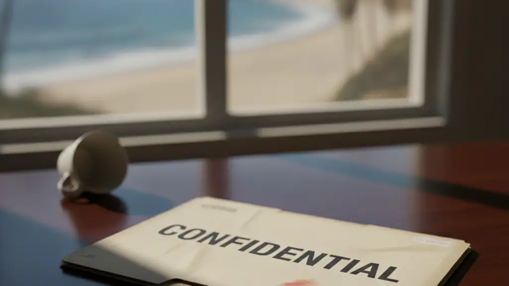 Confidential fraud file on a desk, blurred distant coastline in background.