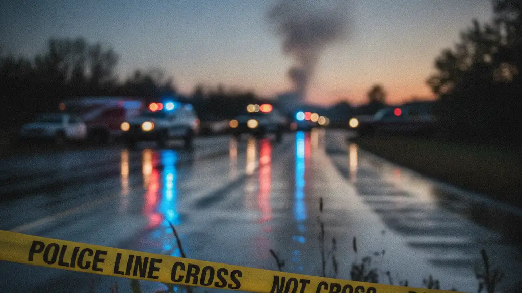 Emergency lights reflecting on wet ground with police tape, distant smoke.