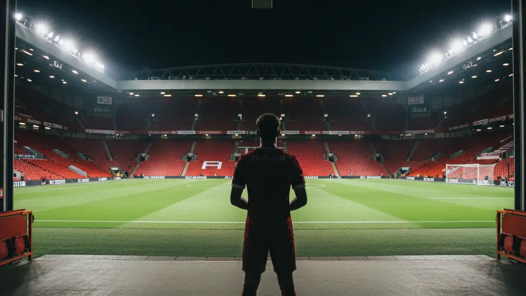 A silhouette of a football player in a red kit looking out at an empty stadium.