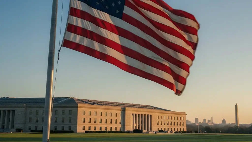 The Pentagon building at dawn with an American flag in the foreground.