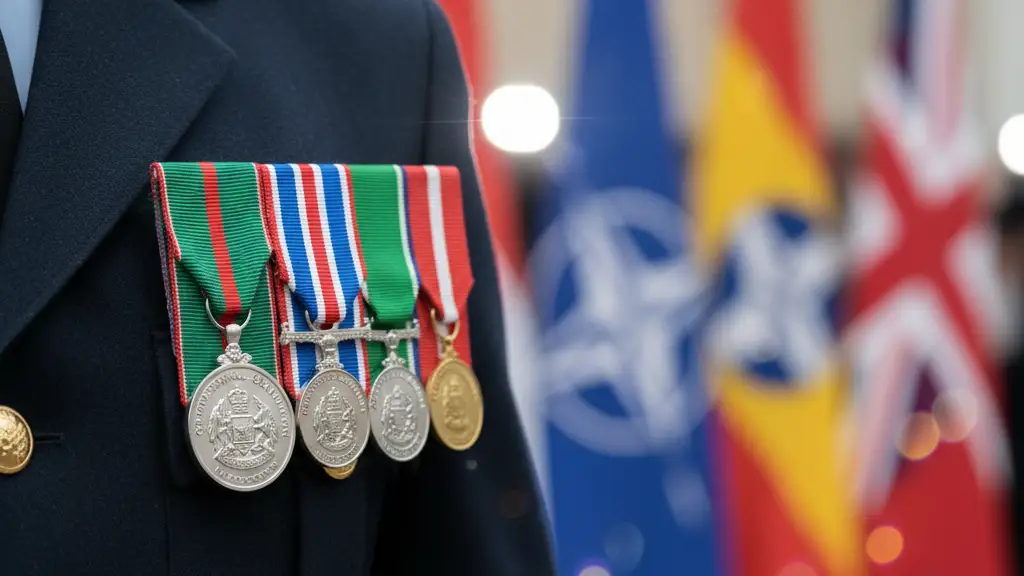 Close-up of military service medals on a navy blue uniform with blurred NATO flags behind.