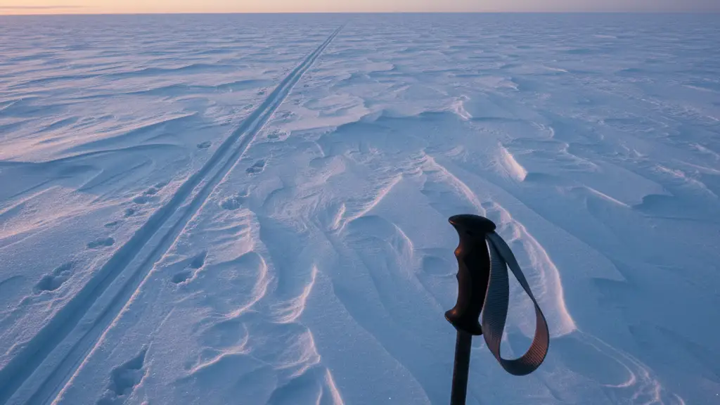 Ski tracks leading across a vast Antarctic ice field toward a distant horizon.