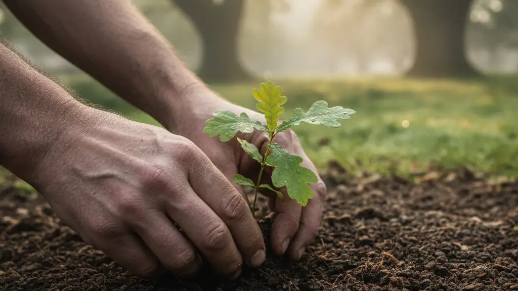 Close-up of hands planting a small oak sapling in a lush, sun-drenched garden.