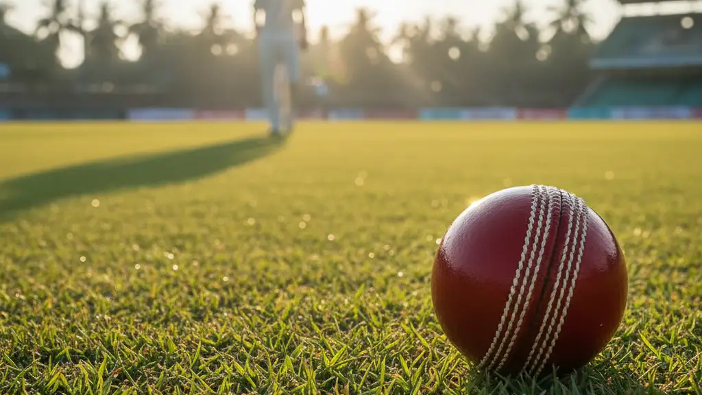 A cricket ball on grass with a blurred silhouette of a player in the background.