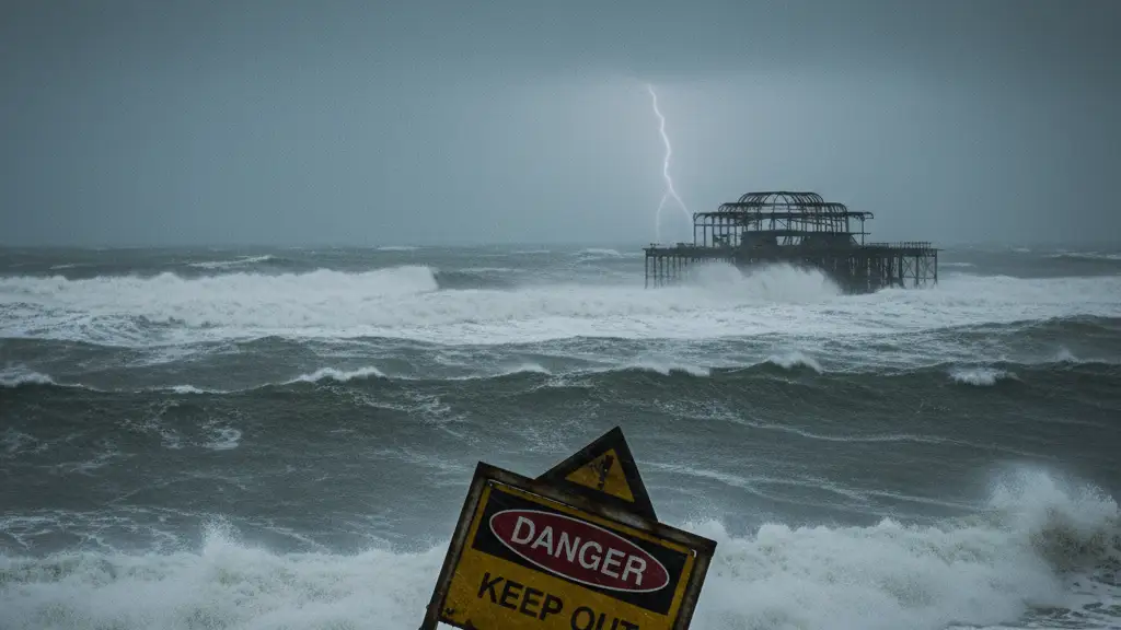 A yellow danger sign on a rainy coastline with a pier silhouetted against crashing waves.