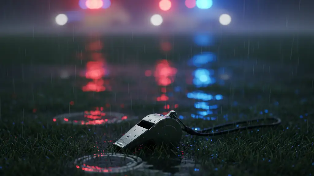 Referee's whistle on a wet pitch with blurred emergency lights.