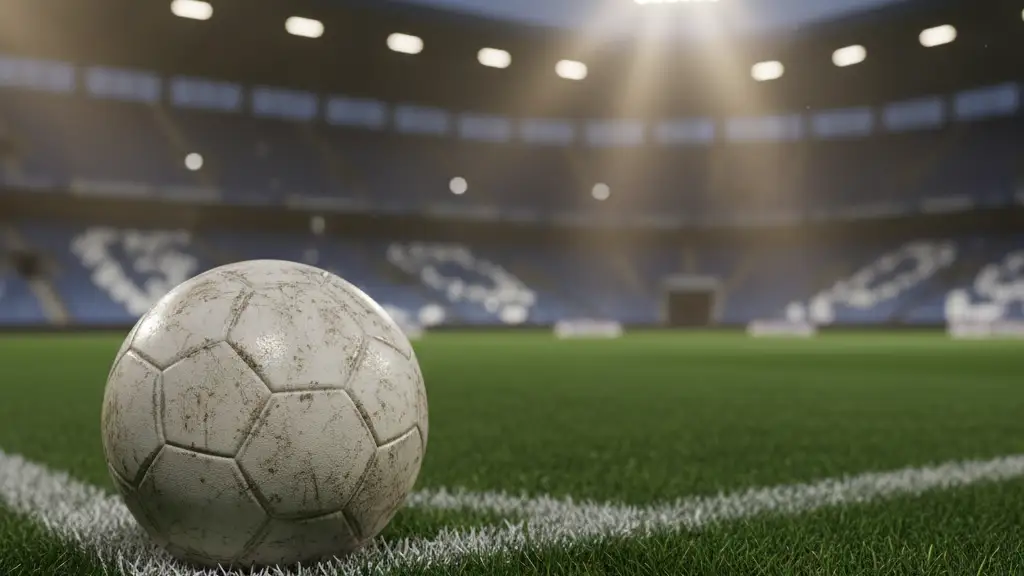 A football sits on a stadium touchline under bright floodlights with empty seats blurred behind.