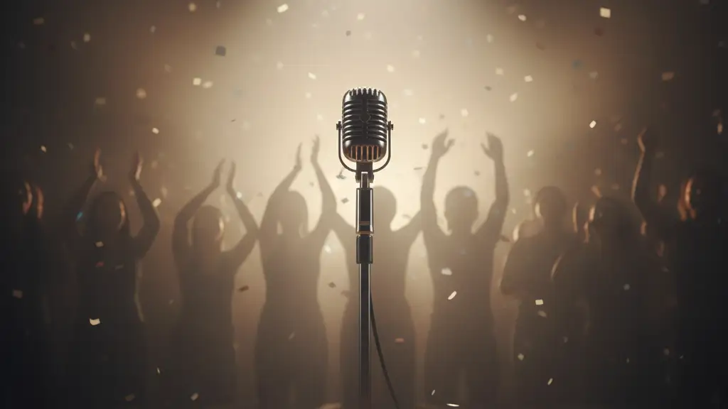 A lone microphone on a stage under a spotlight, suggesting a performer's absence.