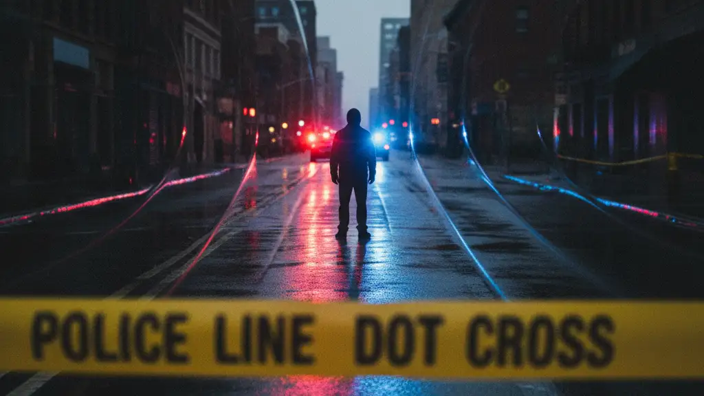 Silhouette of a person under flashing emergency lights with police tape in the foreground.
