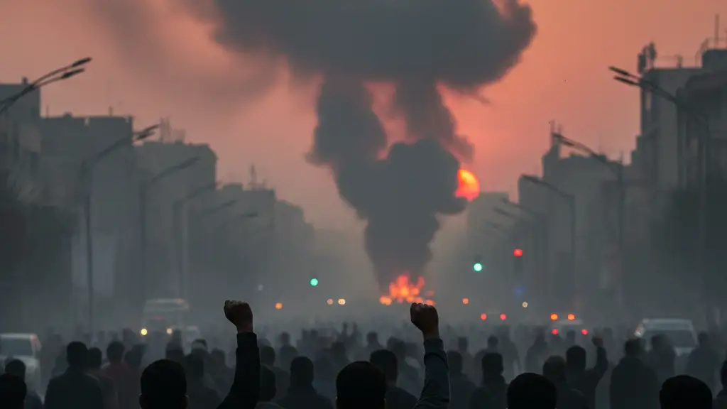 Protesters stand on a smoky Tehran street at dusk with raised fists during a demonstration.